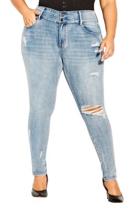 City Chic Asha Elena Distressed Cotton Blend Jeans in Light Wash
