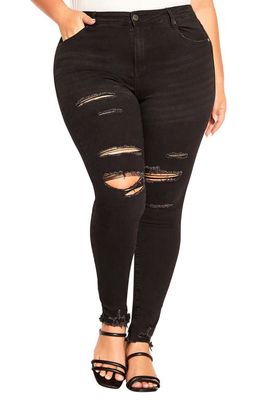 City Chic Asha Wild Rose Ripped High Waist Skinny Jeans in Black Wash