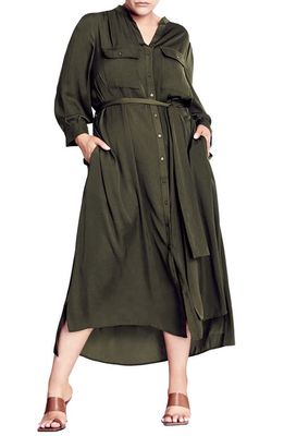 City Chic Belted Long Sleeve Shirtdress in Olive