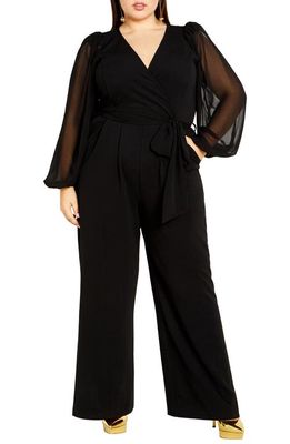City Chic Belted Sheer Long Sleeve Jumpsuit in Black
