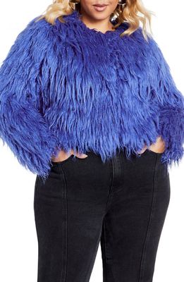 City Chic Blakely Faux Fur Crop Jacket in Dazzling Blue