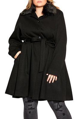 City Chic Blushing Belle Faux Fur Collar Coat in Black
