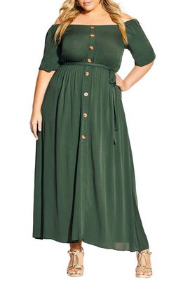City Chic Button Front Tie Waist Maxi Dress in Jungle