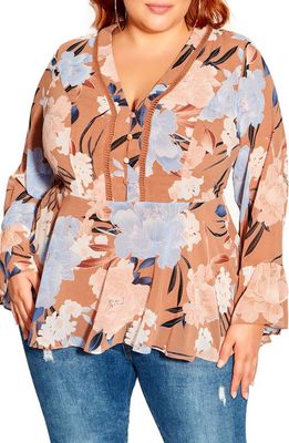 City Chic Caroline Floral V-Neck Tunic Top in Fudge Tender Fl