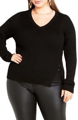 City Chic Charlie Lace-Up Side Rib Sweater in Black