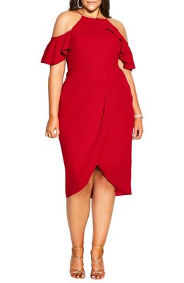 City Chic Cold Shoulder Ruffle Layered Dress in Siren Red