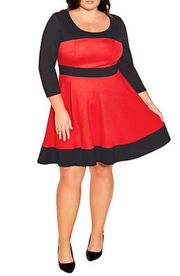 City Chic Colorblock Three-Quarter Sleeve Fit & Flare Dress in Red