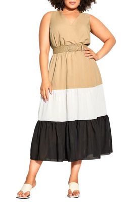 City Chic Cynthia Colorblock Tiered Maxi Dress in Natural