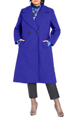 City Chic Daniella Double Breasted Bouclé Coat in Deep Blue