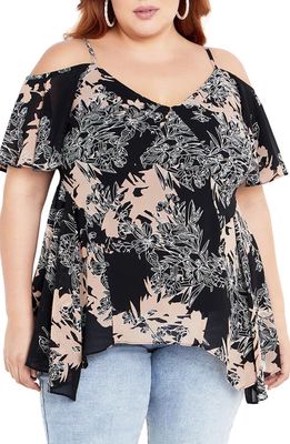 City Chic Dulce Floral Cold Shoulder Handkerchief Hem Top in Shadow Floral