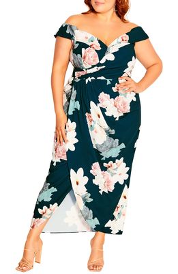 City Chic Emerald Floral Off the Shoulder Maxi Dress in Emerald Bloom