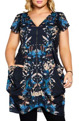 City Chic Emma Floral V-Neck Fitted Tunic Dress in Navy Mirror Bloom