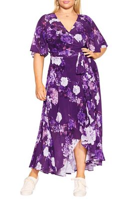 City Chic Enthral Me Floral Faux Wrap Midi Dress in Petunia Hydrangea