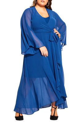 City Chic Fleetwood Long Sleeve Wrap Maxi Dress in Deep Blue