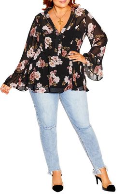 City Chic Floating Rose Floral Peplum Blouse in Black Dreamy Rose