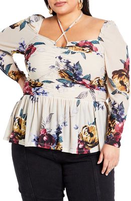 City Chic Floral Mesh Peplum Top in Light Late Bloom