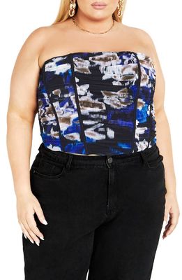 City Chic Floral Print Strapless Crop Top in Blue Illusion