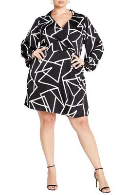 City Chic Frances Print Wrap Front Long Sleeve Dress in Geo Print