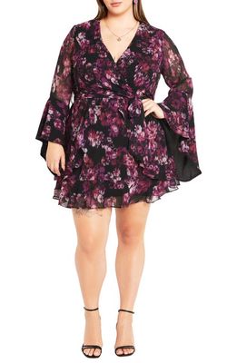 City Chic Gemma Floral Long Sleeve Wrap Dress in Blurred Bud
