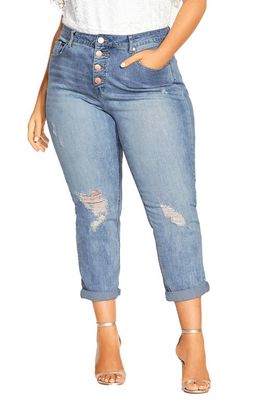 City Chic Harley Ripped Exposed Button High Waist Skinny Jeans in Denim