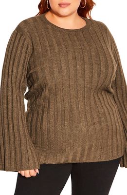 City Chic Hazel Bell Sleeve Cotton Rib Sweater in Cocoa