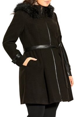 City Chic High Living Coat with Faux Fur Trim in Black