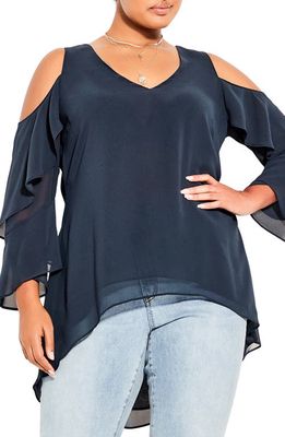 City Chic High-Low Chiffon Cold Shoulder Tunic in Navy