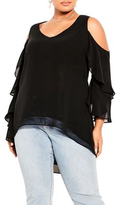 City Chic High-Low Cold Shoulder Chiffon Tunic in Black