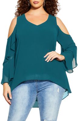 City Chic High-Low Cold Shoulder Chiffon Tunic in Jade