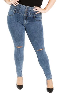 City Chic High Waist Slit Knee Corset Skinny Jeans in Dove Grey Wash