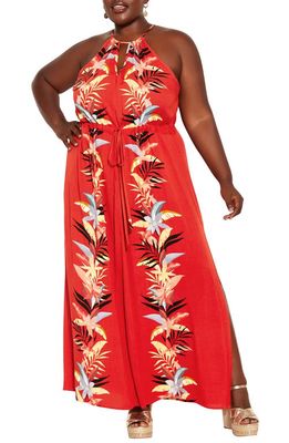 City Chic Holiday Magic Halter Maxi Dress in Tigerlily Palm
