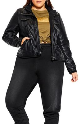 City Chic Hooded Faux Leather Jacket in Black