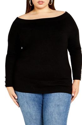 City Chic Intrigue Imitation Pearl Button Sweater in Black