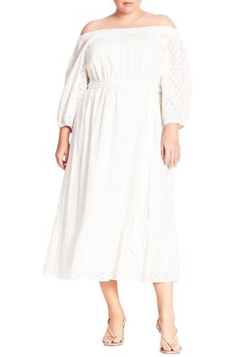 City Chic Ivy Eyelet Off the Shoulder Long Sleeve Maxi Dress in Ivory