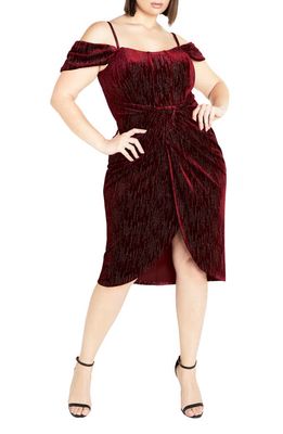 City Chic Jayla Glitter Stripe Cold Shoulder Velour Cocktail Dress in Berry