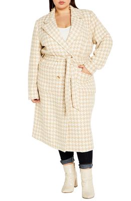 City Chic Julissa Houndstooth Belted Double Breasted Coat in Cream Houndstooth