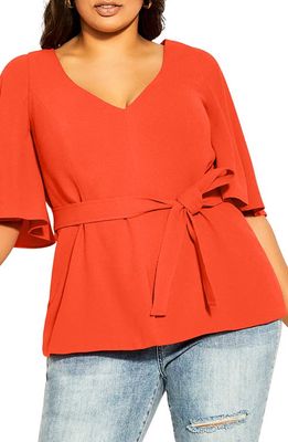City Chic Juno Belted Flutter Sleeve Top in Tigerlily