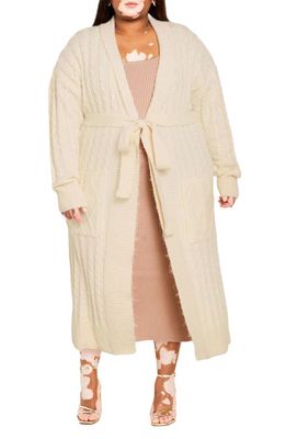 City Chic Kelsey Belted Cable Stitch Longline Cardigan in Cream