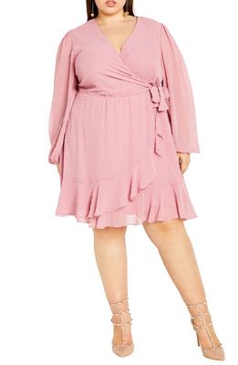 City Chic Long Sleeve Dobby Faux-Wrap Dress in Musk