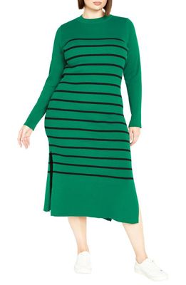 City Chic Maddie Stripe Long Sleeve Rib Dress in Green/Black Stripe