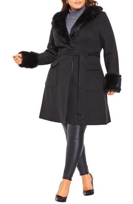 City Chic Make Me Blush Belted Coat with Faux Fur Trim in Black