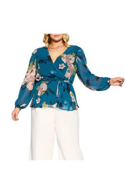 City Chic Maya Faux Wrap Blouse in Teal Bold Bloom