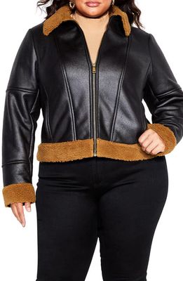City Chic Meredith Faux Fur Trim Faux Leather Jacket in Black/Caramel