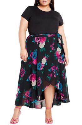 City Chic Michaela Rose Print Tulip Hem Wrap Skirt in Black Bright Desire