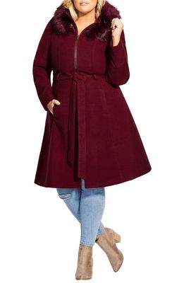 City Chic Miss Mysterious Coat with Faux Fur Trim in Dark Cherry
