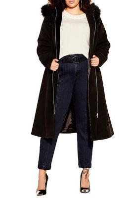 City Chic Miss Mysterious Faux Fur Trim Coat in Black
