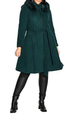 City Chic Miss Mysterious Faux Fur Trim Tie Waist Coat in Emerald
