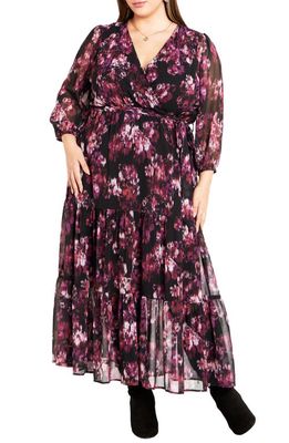 City Chic Monique Print Long Sleeve Faux Wrap Maxi Dress in Blurred Bud