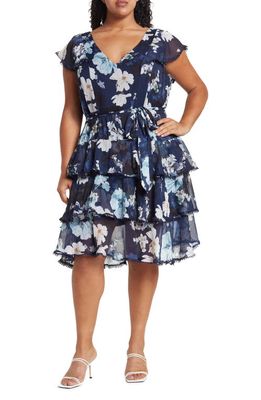 City Chic Navy Orchid V-Neck Short Sleeve Floral Print Dress in Navy Shy Orchid