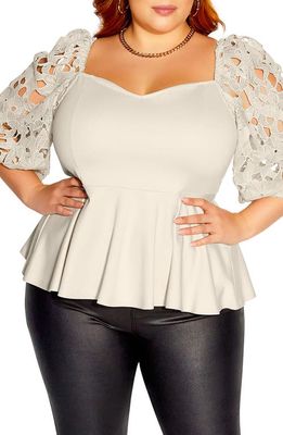 City Chic Noelle Lace Sleeve Peplum Blouse in Buff